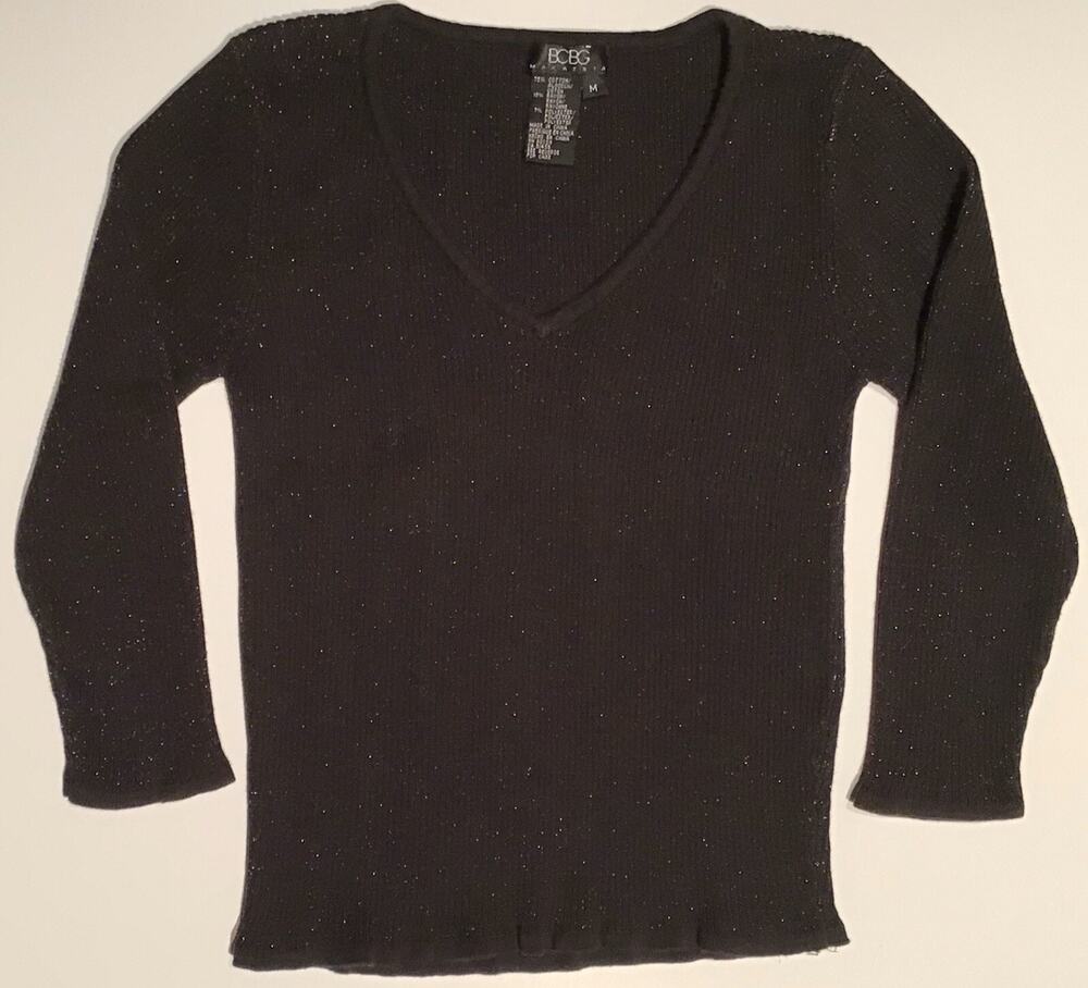 BCBG MAX AZRIA Women’s Size M Black With Sparkle Detail Ribbed 3/4 Sleeve Top